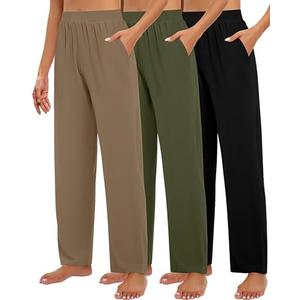 Huukeay 3 Pack Women's Lounge Pants, Cozy Wide Leg Lounge Slacks with Pockets Loose Flowy Yoga Sweatpant Workout Comfy Jogger L, Army Green, Khaki