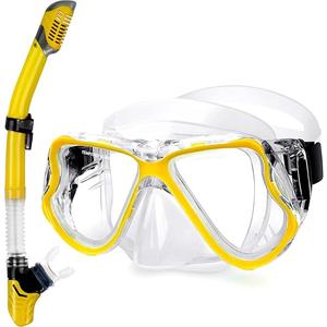 Greatever Dry Snorkel Set,Panoramic Wide View,Anti-Fog Scuba Diving Mask,Professional Snorkeling Gear (Adults, Yellow)
