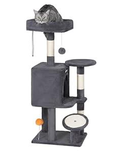 FourFurPets Cat Tree, 39.4-Inch Cat Tower for Indoor Cats, Small Cat Tower with Scratching Post, Multi-Level Cat Condo with Widened Perch for Kittens, Spacious Cave, Dark Gray