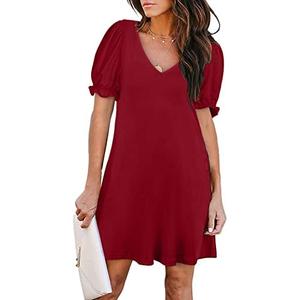 Aloodor Women's Casual Dresses Short Sleeve V-Neck Dress with Pockets, Large