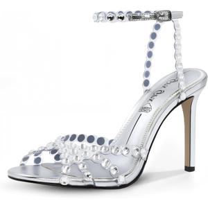 Rhinestone Sandals for Women High Clear Strappy Buckle Stiletto Heels Round Toe Sexy Dressy Sandals Prom Shoes Size 10