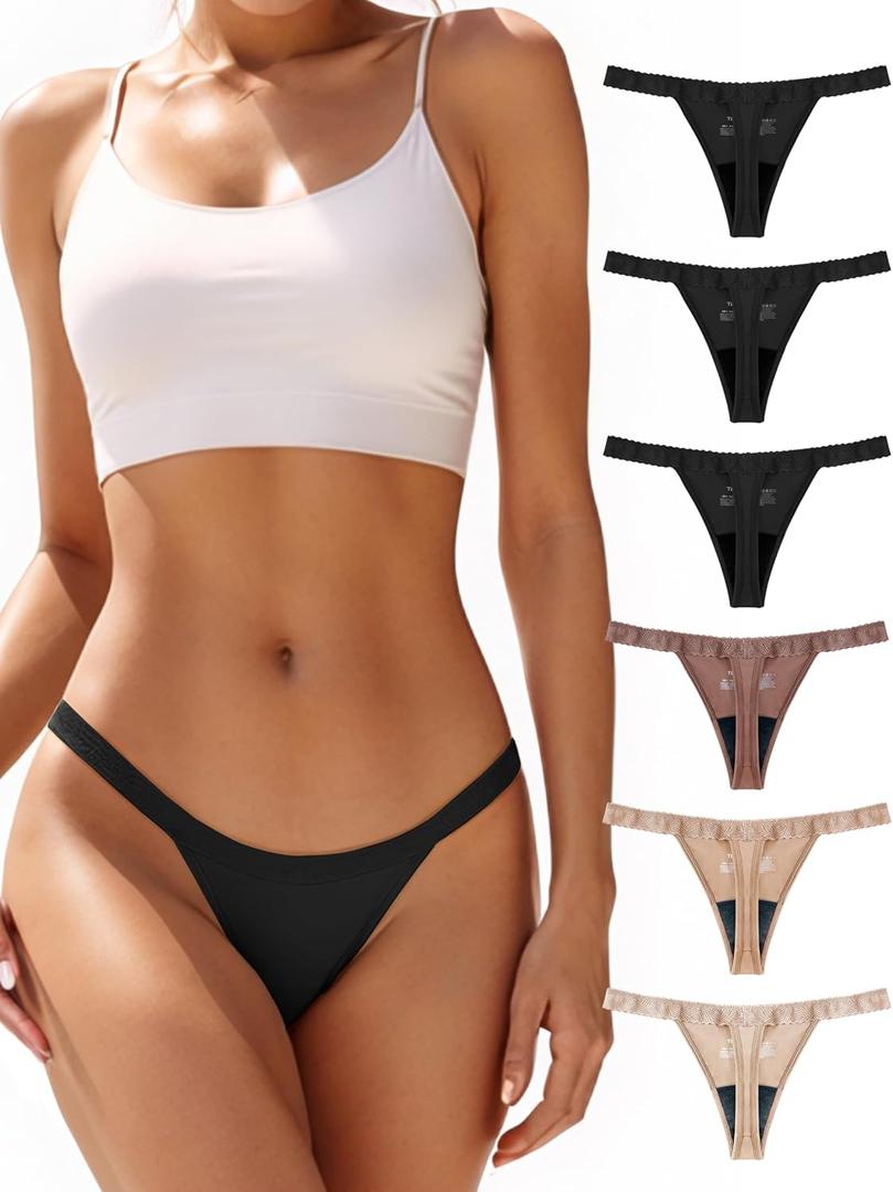 TIICHOO Period Thong Underwear for Women Lace Period Panties Thong Light Absorbency Leakproof Underwear Pack of 6 (Medium, Black/Brown/Sand/Khaki)