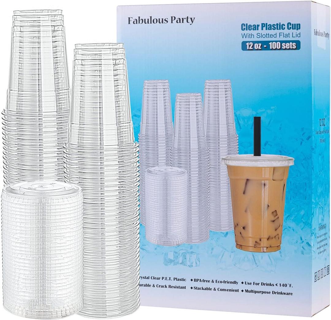[100 Sets 12 Oz Plastic Cups with Lids, PET Crystal Clear Cups with Slotted Flat Lids, Popular Iced Coffee Cups with lid Never Break & Keep Clean, 12oz Disposable Cup with Cover