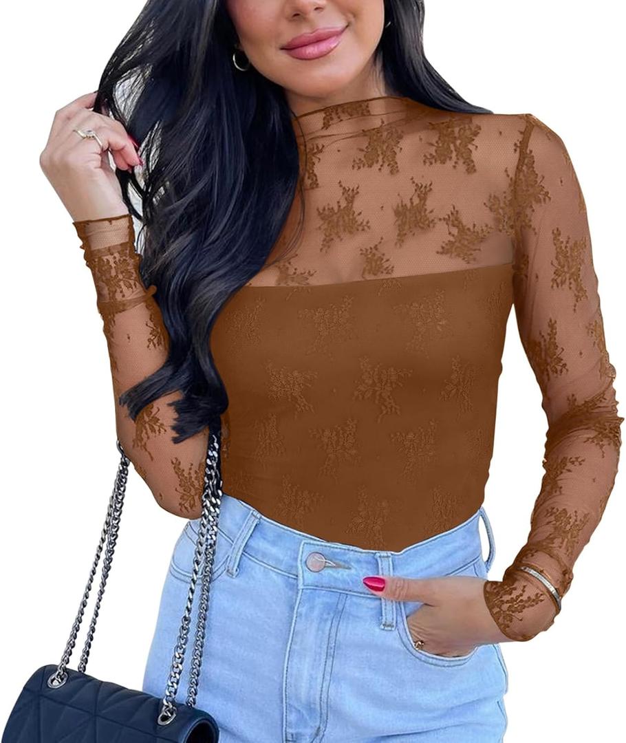 PINKMSTYLE Women's Long Sleeve Lace Bodysuit High Neck Sexy Tops for Going Out, Concert, Date Night Outfits (Medium, Brown)