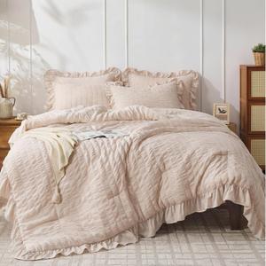 JOLLYVOGUE Beige King Comforter Set, 3 Pieces Seersucker Comforters King Size, Lightweight & Fluffy Bedding Sets for All Season with 1 Ruffle Comforter and 2 Ruffle Pillowshams
