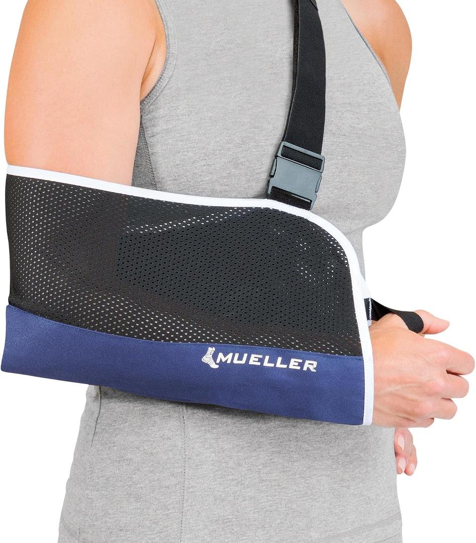 MUELLER Sports Medicine Adjustable Arm Sling - Comfortable Support for Left or Right Shoulder and Arm Injury, For Men and Women, Blue w/ Black Mesh, One Size Fits Most