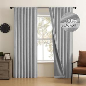 CUCRAF Linen 100% Blackout Curtains 90 Inch Length 2 Panels Set, Back Tab and Rod Pocket Curtain for Living Room Bedroom, Room Darkening Window Drapes Thermal Insulated, (37x90 inch, Light Grey)
