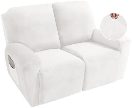 MAXIJIN Recliner Loveseat Slipcover, 6 Pieces Stretch Velvet Reclining Sofa Cover, 2 Seater Love Seat Recliner Couch Cover, Thick, Soft, Washable Furniture Cover (Loveseat Recliner, White)