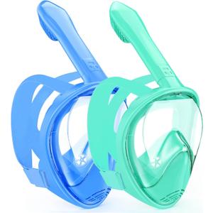 Kids Snorkel Mask Full Face, Snorkeling Gear for Kids 2-14 with Camera Mount, 180 Degree Panoramic View Snorkeling Set Anti-Fog Anti-Leak (Blue+Cyan)