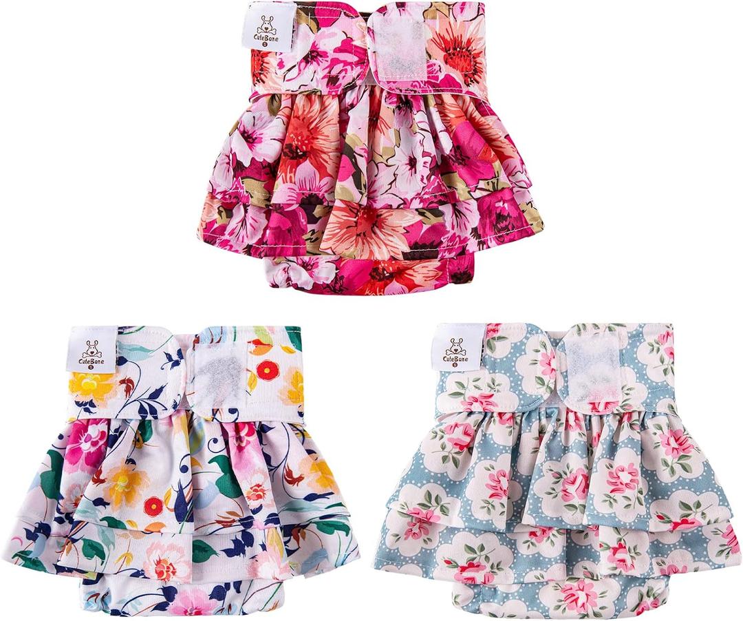 CuteBone Female Dog Diapers with Skirts 3 Pack Reusable Puppy Dresses Pants for Heat Cycle Period QBD03S