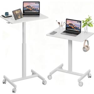 18.9 * 25.6 inch Mobile Standing Desk,T Shaped Pneumatic Adjustable Height Stand Up Desk,with Lockable Wheels,Ergonomic Standing Side Table for Home Office Work Computer Workstation White, 18 26 inches