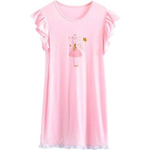 JWWN Little Girls Summer Princess Nightgown Dress Kids Modal Short Sleeve PJs Sleepwear,Pink 7T