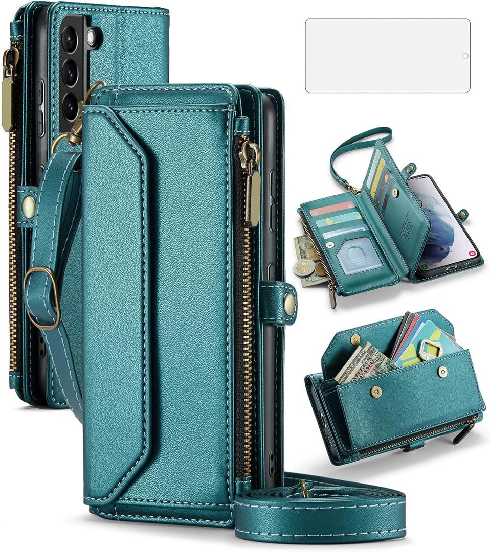 Asuwish Phone Case for Samsung Galaxy S21 Plus S21+ 5G Zipper Wallet Cover with Tempered Glass Screen Protector and Flip RFID Blocking Card Holder Cell S21+5G S21plus 21S + S 21 21+ G5 Women Men Green