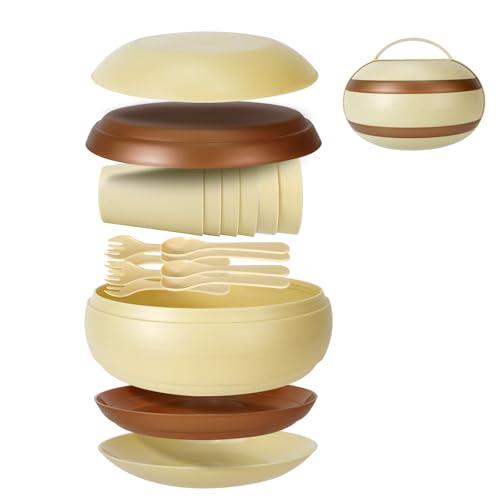 Camping Dishes Picnic Set, Camping Plates Cups and Bowls Set with Spoons and Forks, BPA Free, 17PCS Camping Mess Kit, Plastic Reusable Cutlery Set for 4, Portable Small Size, Not Microwave Safe