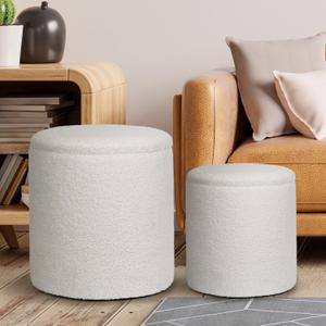 Ottoman with Storage, 2 Set Round Velvet Vanity Stool, Storage Ottoman for Bedroom Living Room, Modern Multifunctional Coffee Table Foot Stool for Dorm Boucle-White