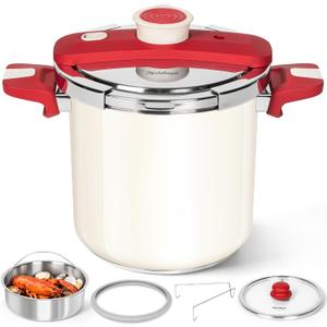 MICHELANGELO Stovetop Pressure Cooker Stainless Steel, 8.5 qt, 304 Stainless Steel, 6-Fold Safety System, One-Hand Easy-Open Lid, 2 Pressure Settings, Steamer Basket & Glass Lid, Induction Compatible