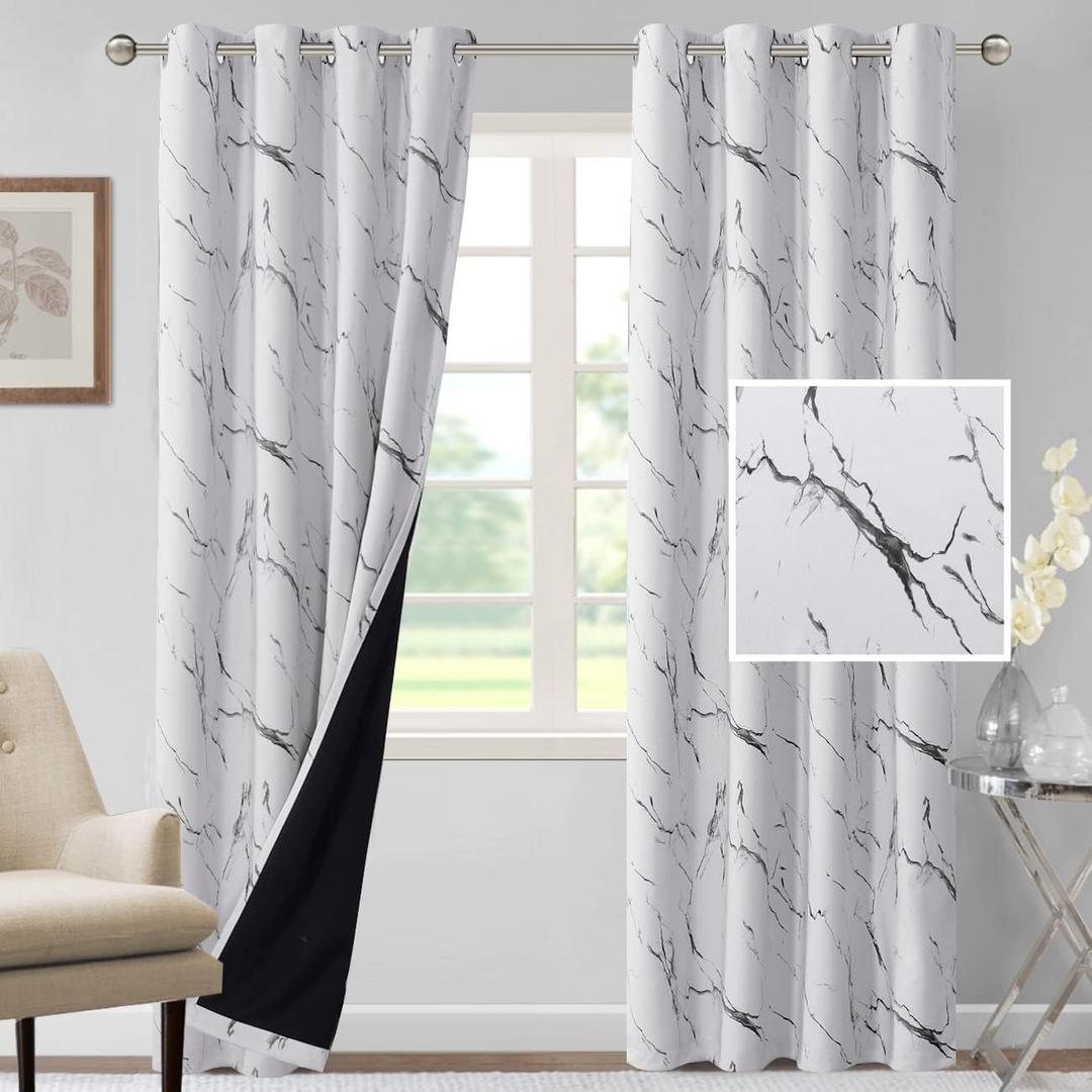 H.VERSAILTEX 100% Blackout Curtains 84 inch Length 2 Panels Set Marble Designs Printed Drapes Thermal Curtains for Bedroom with Black Liner Sound Proof Curtains, Grey 84x52