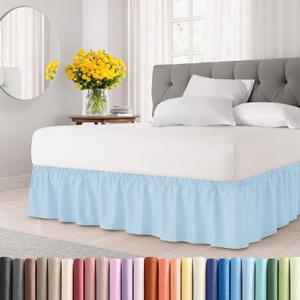 Wrap Around Dust Ruffle Bed Skirt - Light Blue - for King Size Beds with 15 Inch Drop - Elastic Strap - Adjustable Pleated Bedskirt with Brushed Fabric and Wrinkle Free - for Women, Men, Kids & Teens (16 - Baby Blue)
