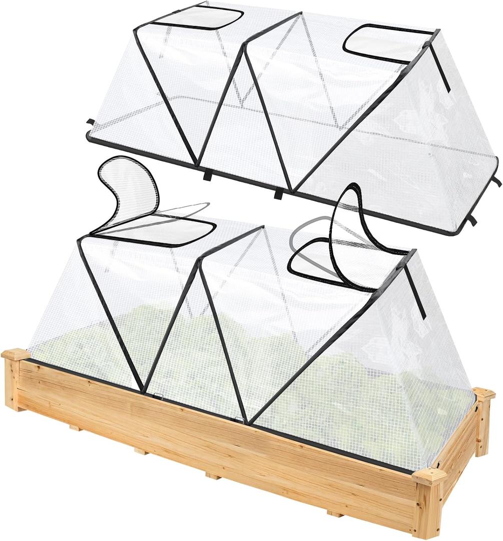 2Pack Foldable Garden Plants Covers with Two Dual Layer Skylights, 47.2" X 14.2" X 13" Raised Bed Greenhouse Cover, Garden Frost Protection for Vegetable Flower Fruits from Animals, Include 16 Stakes