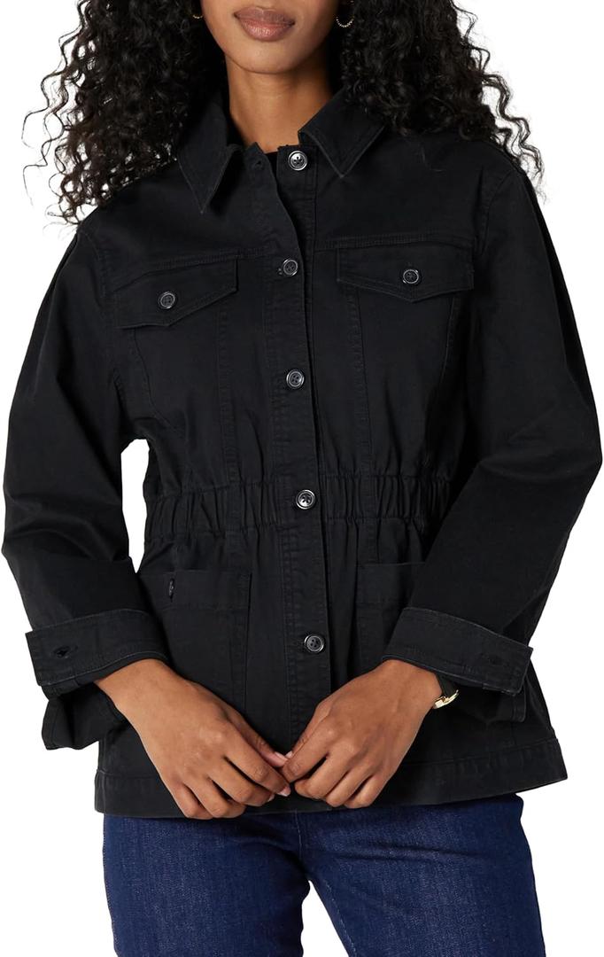 Amazon Essentials Womens Relaxed- Fit Dropped Shoulder Midweight Cotton Twill Jacket (Black)