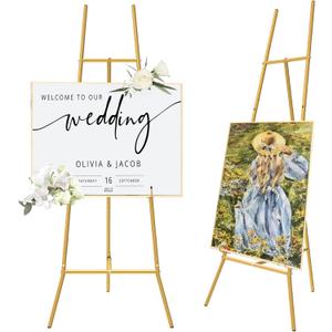 Gold Easel Stand for Sign - Heavy Duty Metal Freestanding Adjustable Display Stand (3-Tier), Large Professional Easel for Paintings, Artwork & Commercial Displays, Durable Exhibition Easel