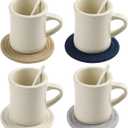 11oz Ceramic Diner Coffee Mug set Stoneware Coffee Cups Set for Restaurant, Diner, Farmhouse, Coffee Shop, Home set of 4 with Coffee spoons and Woven Coasters (Cream)