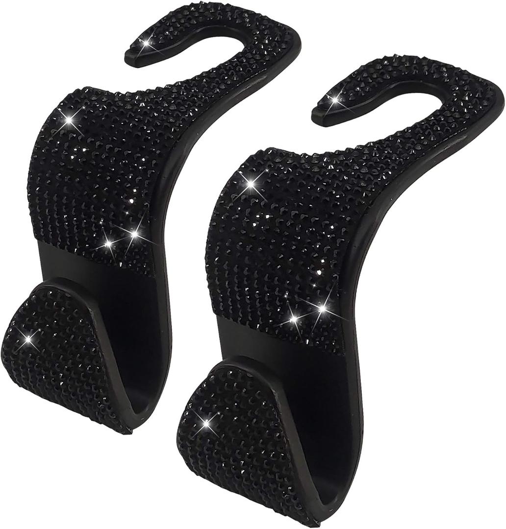 2 Pack Car Hooks, 2021 New Bling Rhinestones Crystal Hooks Car Decorations Auto Seat Back Organizers Strong and Durable Backseat Hanger Storage Universal for SUV Truck Vehicle (Black)