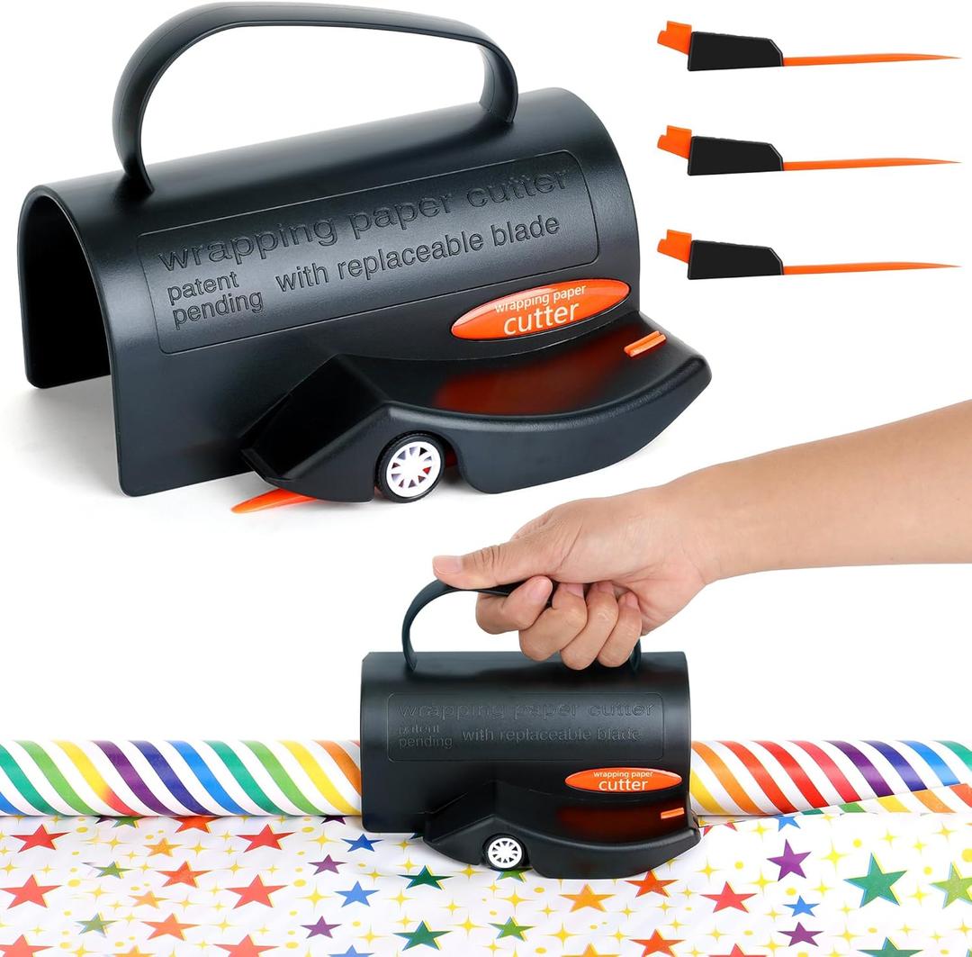 Wrapping Paper Cutter - Paper Cutter Slider Fit for Any Diameter Paper Roll, 3 PCS Replaceable Blade & Safe Cutting Tool -Wrapping Roll Cutter Perfect for Gift Wrapping, Craft Projects, Office/Home