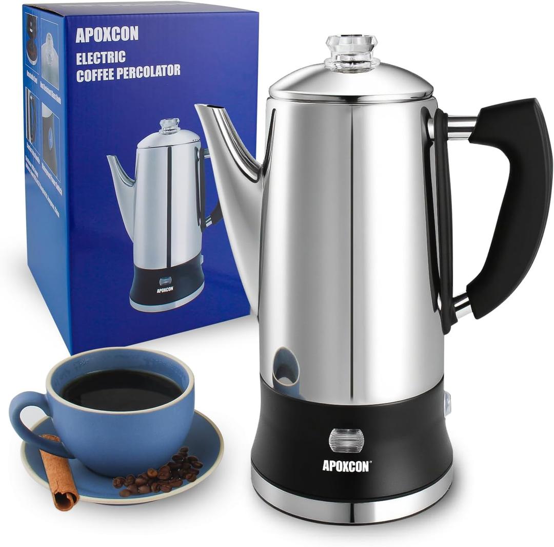 Electric Coffee Percolator Stainless Steel Coffee Maker with Clear Brew Progress Tough Glass Knob and On/OFF Switch Classic Coffee Pot with Keep Warm & Cordless Serve No Aluminum (12 Cup)