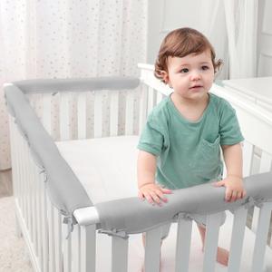 Gray 3pcs New Teething Edge Crib Rail Cover&Corner Guard Coverage Straps,Reversible Guardrail Cover Protector for Boys Girls(1 Long 2 Short) (Grey)