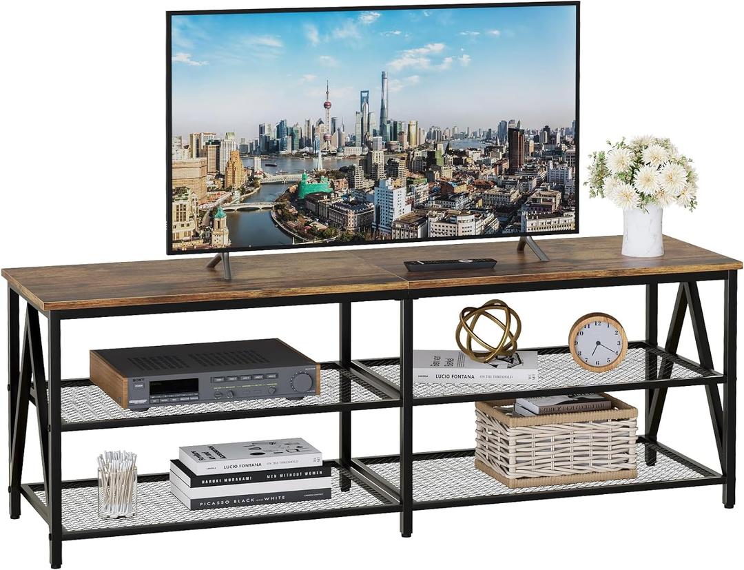 TV Stand for TV up to 65 Inch, Long 55" TV Cabinet with 3-Tier Storage Shelves,Entertainment Center TV Console Table for Living Room with Industrial TV Metal Frame, Rustic Brown