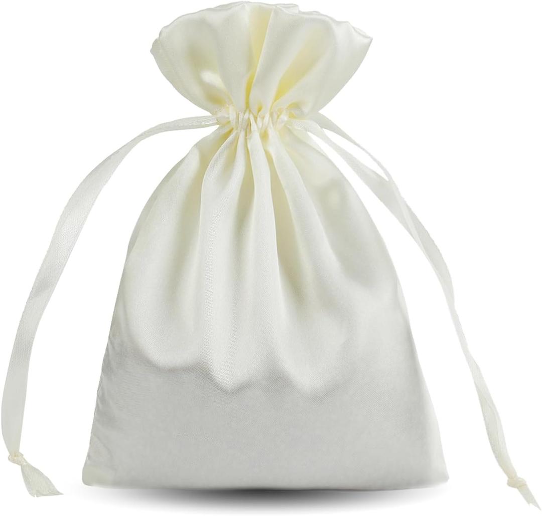 AKLVBL Beige Satin Drawstring Gift Bags 6x9.5 Inches, 50pcs Silk Bags with Drawstring, Party Favor Bags Drawstring Pouch for Baby Shower, Bridal Shower, Christmas, Candy, Jewelry Bags