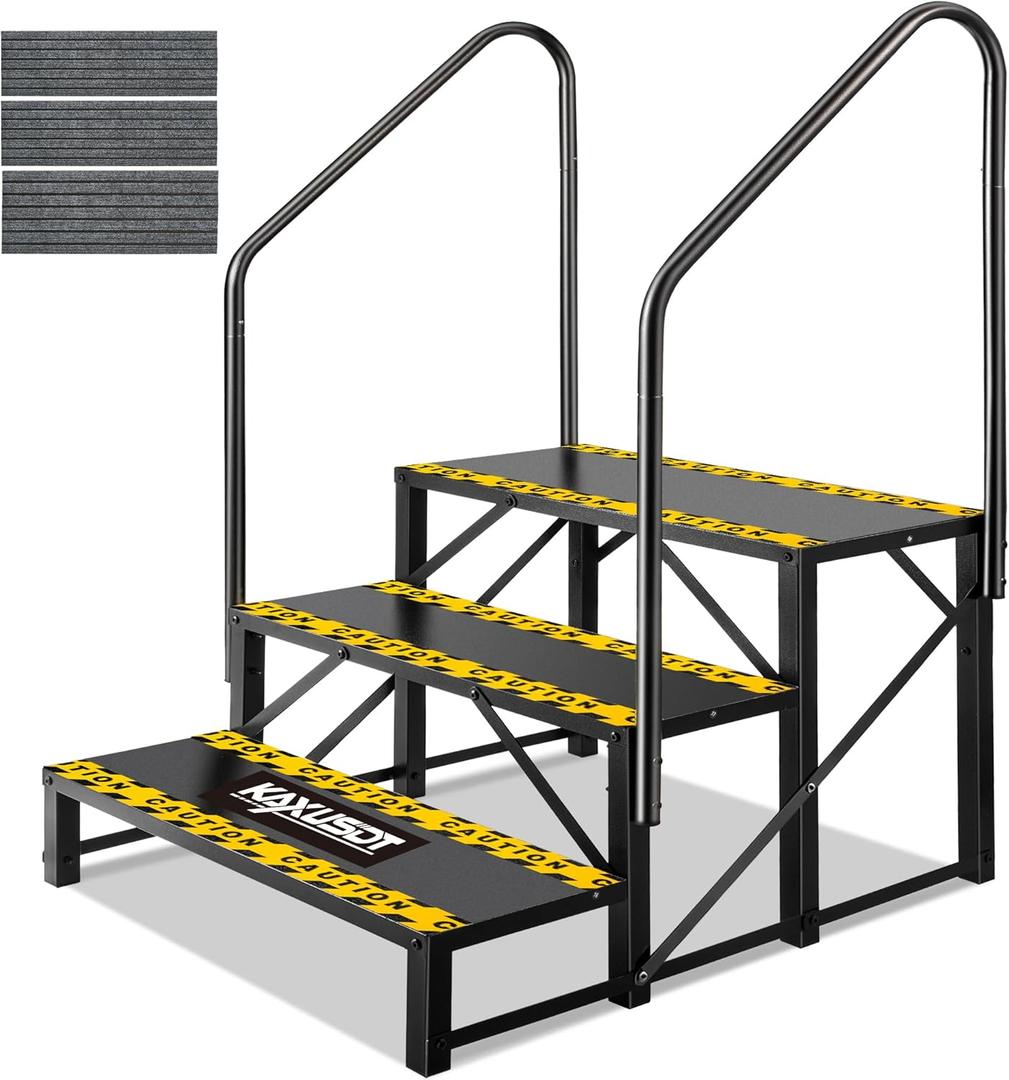 3 Steps Hot Tub RV Steps with Dual Handrail, Portable Mobile Home Stairs Steps with Reinforced Crossbeams on Both Sides, 660lbs, Outdoor RV Camper Entry Steps w/Non-Slip Mats