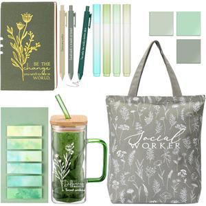Reallnaive 15 Pcs Social Worker Appreciation Gifts 16 oz Glass Cup Canvas Bag Notebook Ballpoint Pen Sticky Note Graduation Gifts for Bsw Msw Dsw Lcsw Women Volunteer Coworker Office Supplies(Green)