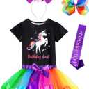 Doctor Unicorn Birthday Girls Unicorn Costume Outfit Rainbow Tutu, Unicorn T-shirt, Satin Sash, Hair Bow & Headband Rainbow/Black Unicorn Shirt, 4-5 Years