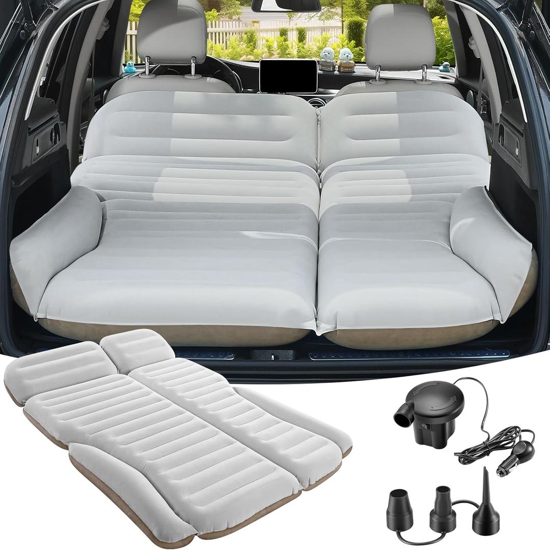 KMZ SUV Air Mattress Double Sided Thickened Flocking Car Bed  Portable Inflatable Mattress Pad for Camping & Travel with 2 Pillows & Electric Pump (Off-White and Coffee)