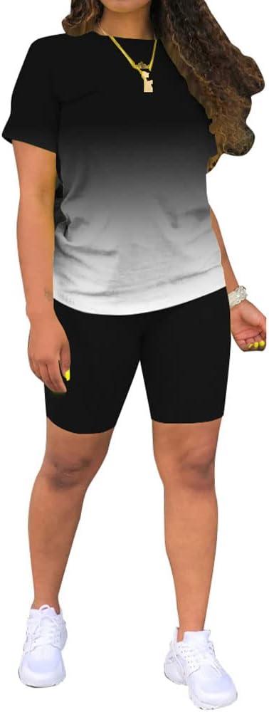 PINSV Women's 2 Piece Outfits Summer Printing Bodycon Short Pants Workout Sets (XX-Large, 5-black Gradient)