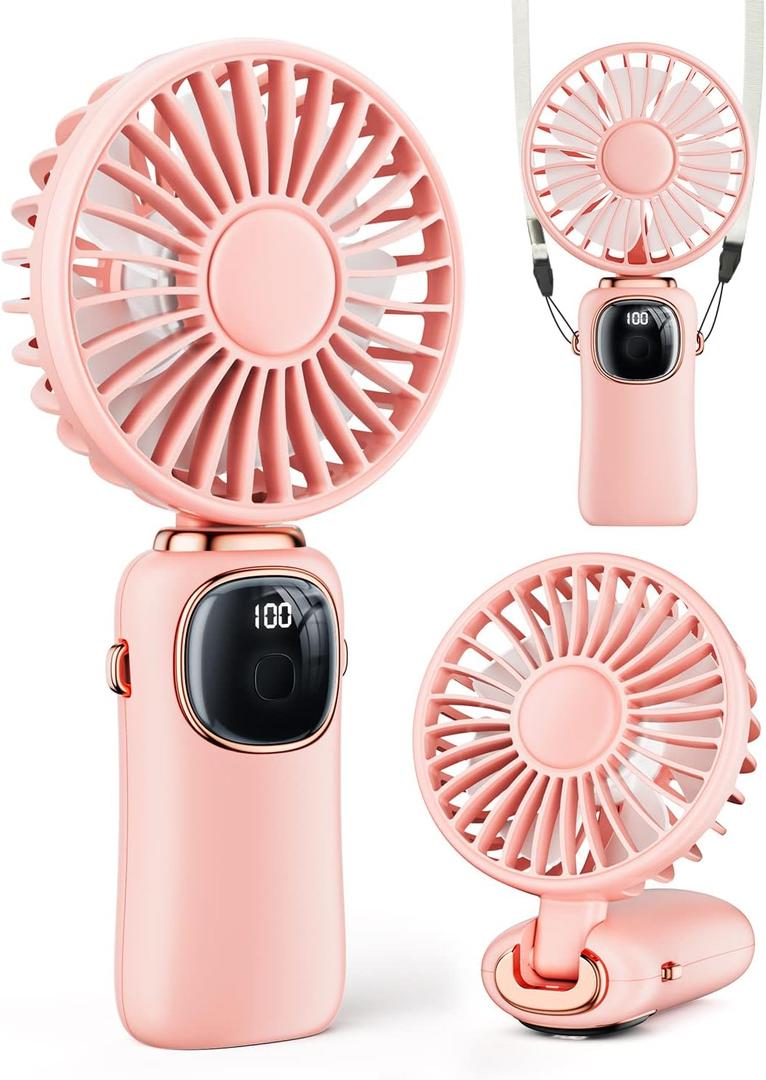 Portable Handheld Fan, 4000mAh Battery Operated Fan with LED Display, Handheld/Neck/Desk 3 in 1 Personal Small Fan, 90 Foldable Desk Fan with Base, 5 Speed Lash Fan Makeup Fan for Women (Pink)