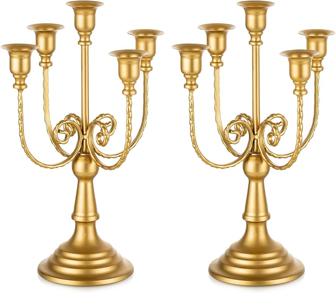 Romadedi Candelabra Gold Candle Holders - 5 Arm 11.8" Wedding Candlestick Holder for Theme Party Table Centerpiece Decor Dining Room Birthday Holiday Christmas, Set of 2