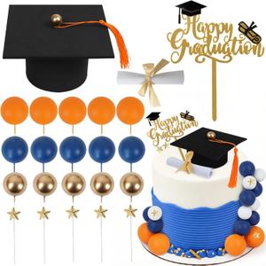 Graduation Cake Toppers - Graduations Cap Diploma Balls Congrats Grad Cake Decorations for 2026 High School College Senior Graduation Supplies (Orange Navy Blue Gold)
