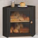 Corner Bread Box for Kitchen Countertop, Large Bread Container Storage Vintage Wooden Farmhouse Bread Box with Window for Homemade Bread Holder (Black)