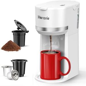 Horavie Mini Single Serve Coffee Maker for K Cup and Ground Coffee, Fast Brew One Cup Coffee Machine with Descaling Reminder and Water Window, 6 to 12 oz. Brew Sizes, White