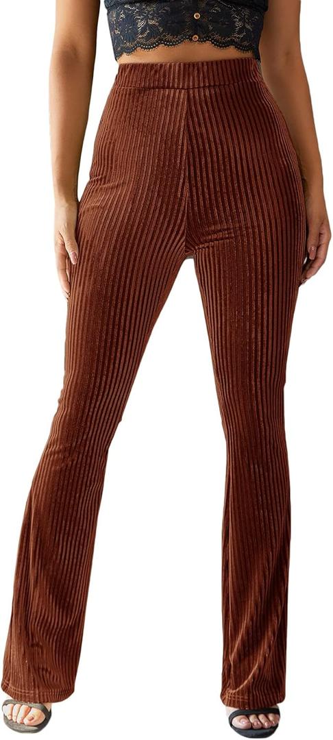 Floerns Women's Velvet Elastic Waist Flare Leg Palazzo Long Pants Trousers Rust Brown S
