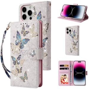 UEEBAI Wallet Case for iPhone 16 Pro Max, PU Leather Phone Cover Kickstand RFID Blocking Flip Case Card Slots Wrist Strap Relief Engraved Pattern Magnetic Closure Flower Folio Wallet, Blue Butterfly