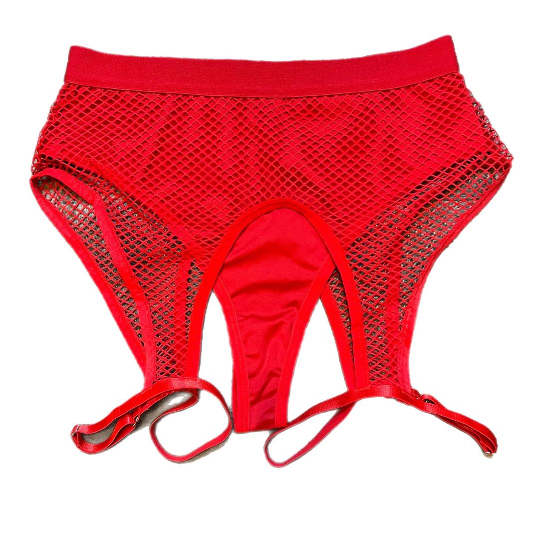 Women's Underwear  Mid Waist Fishnet Garter Short Burgundy Small