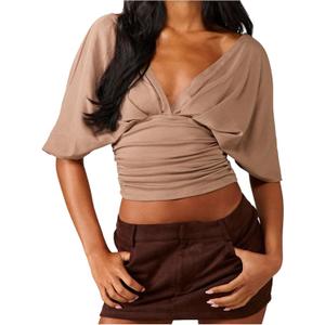 SOLY HUX Women's Deep V Neck Crop Top Short Sleeve Fitted Casual Blouse Going Out Shirts (Pure Khaki)