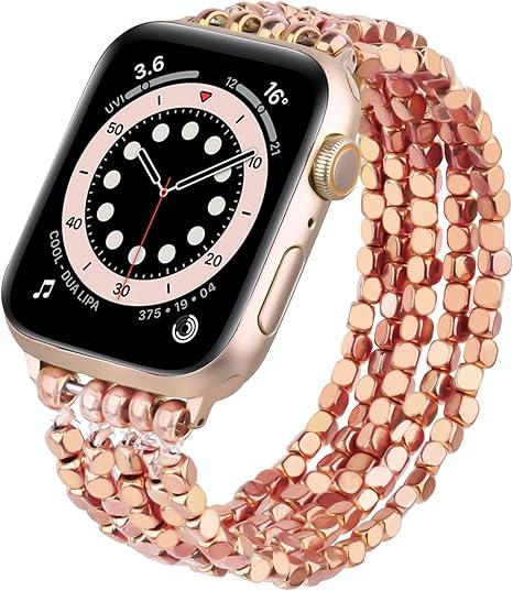 MOFREE Bracelet Compatible with Apple Watch Bracelet Band 41mm/40mm/38mm/42mm/44mm/45mm Series 9 8 7 6 SE 5 Women Fashion Handmade Elastic Stretch Beaded Strap for iWatch Series 4/3/2/1 (Rose)