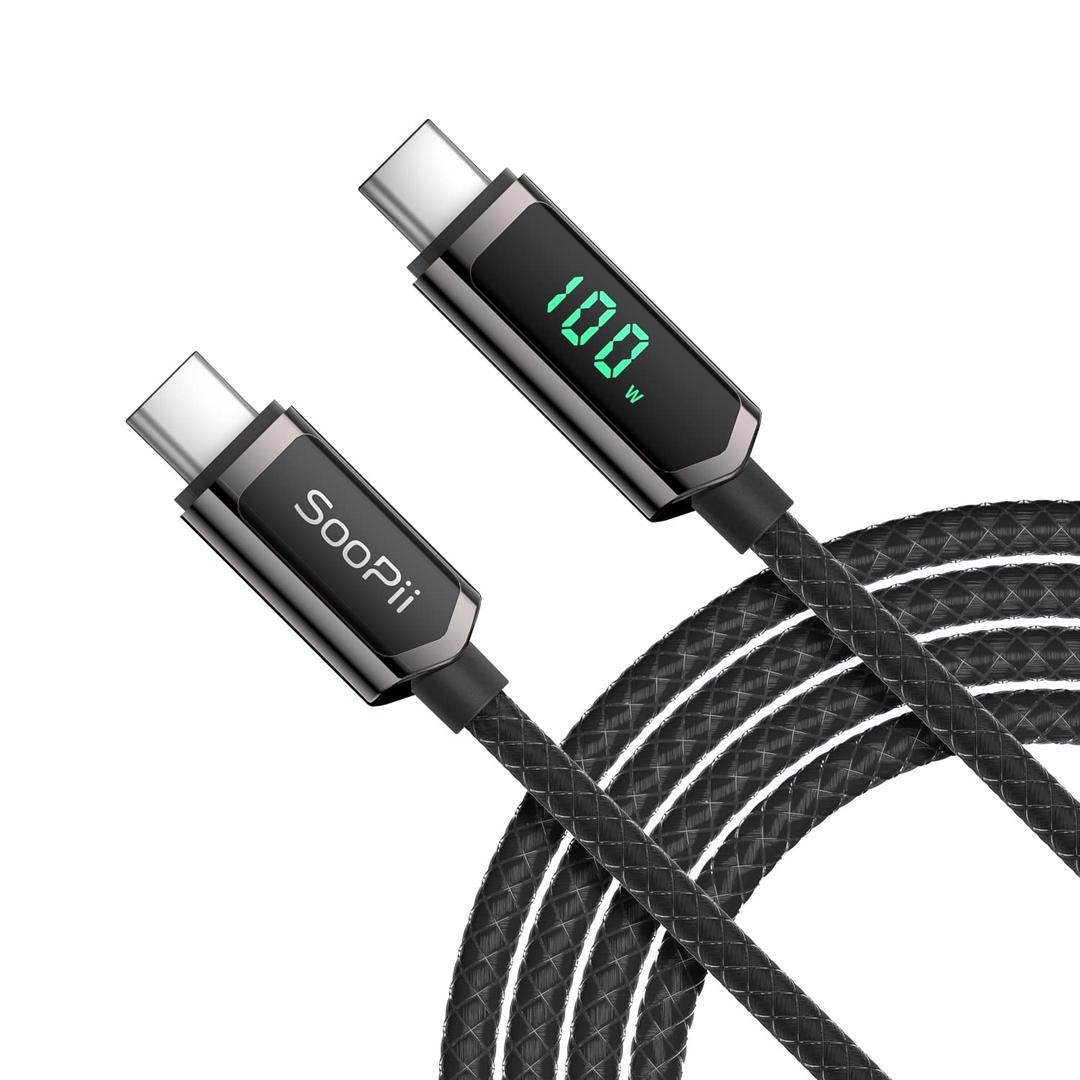 SOOPII 10FT 100W PD Fast Charging USB C to USB C Cable, Nylon Braided Type-C Cable with LED Display for Phones, Tablets, Laptops