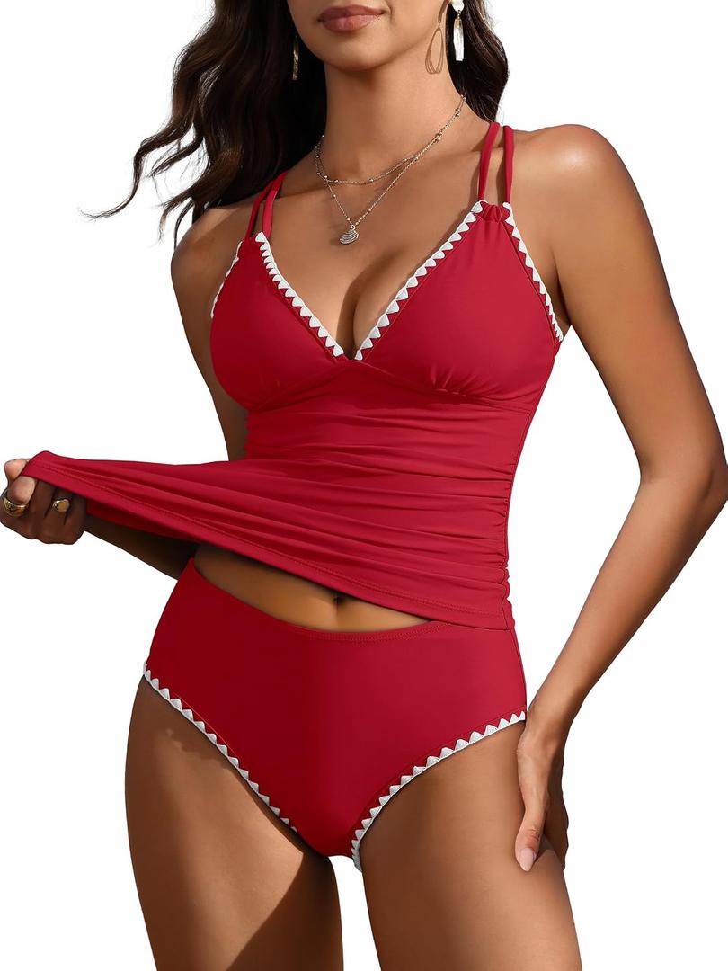 ANRABESS Womens Tankini Set,Tummy Control Two Piece Swimsuit,Perfect for Beach Vacation,Versatile Summer Bathing Suit 2026 (Red, M)