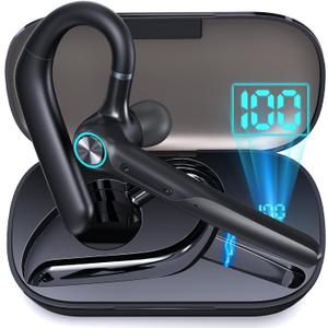 Bluetooth Headset Wireless Earpiece 60Hrs Playback Built-in Dual Mic Noise Canceling Wireless Headset Earphone with 400mAh LED Charging Case for Business Office Trucker (Black)